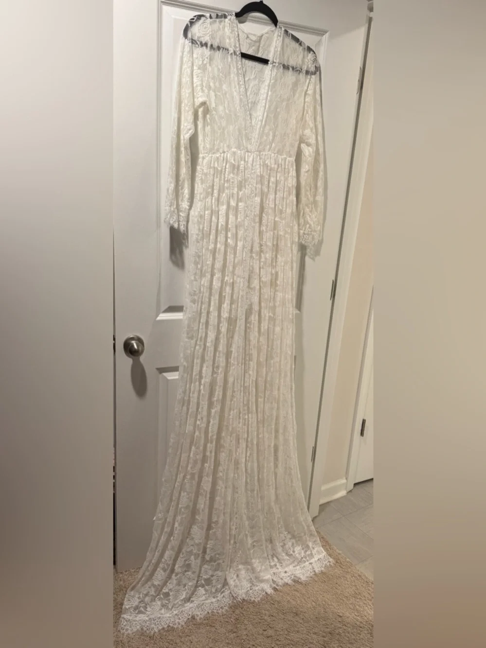 Sheer Maternity Boudoir Deep V-Neck Split Maxi White Lace Dress - Picture 4 of 5